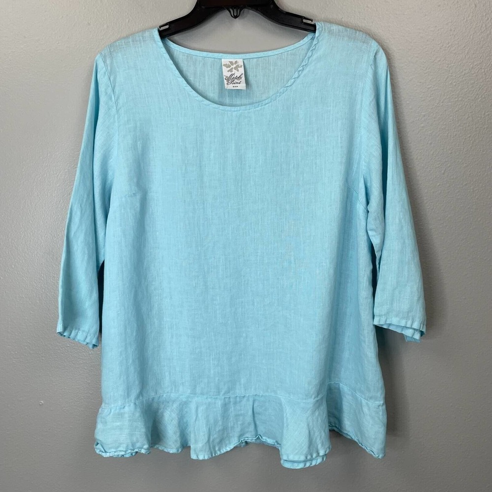 Match Point Womens Blouse Blue 3/4 Sleeve Ruffles Linen USA Small